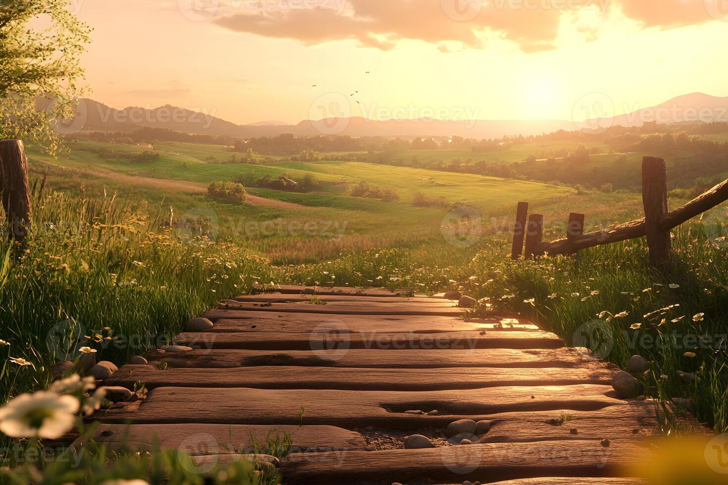 Sunset path, idyllic meadow, hills, peace photo