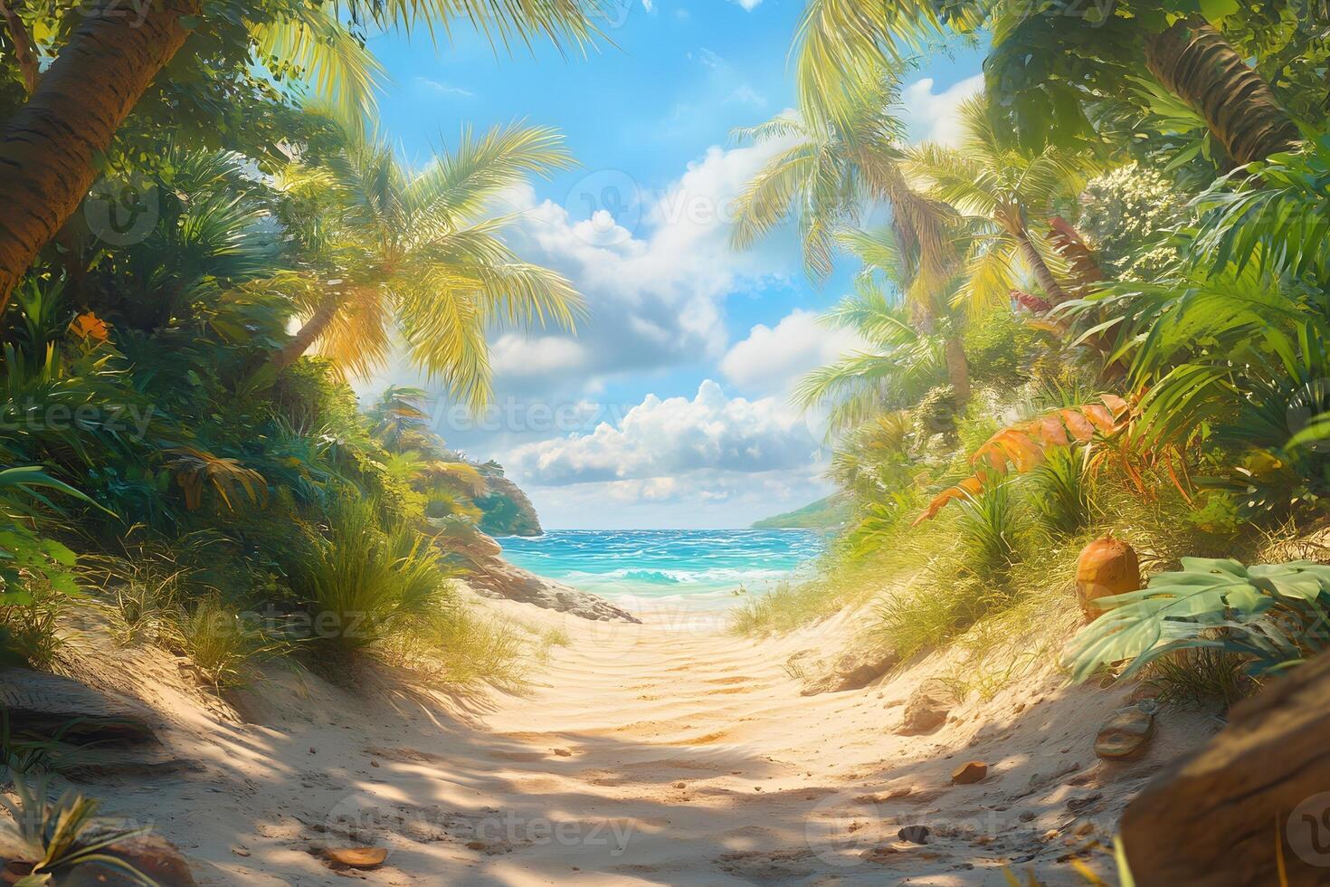 Tropical beach path, palm trees, ocean view, sunny day, travel brochure photo