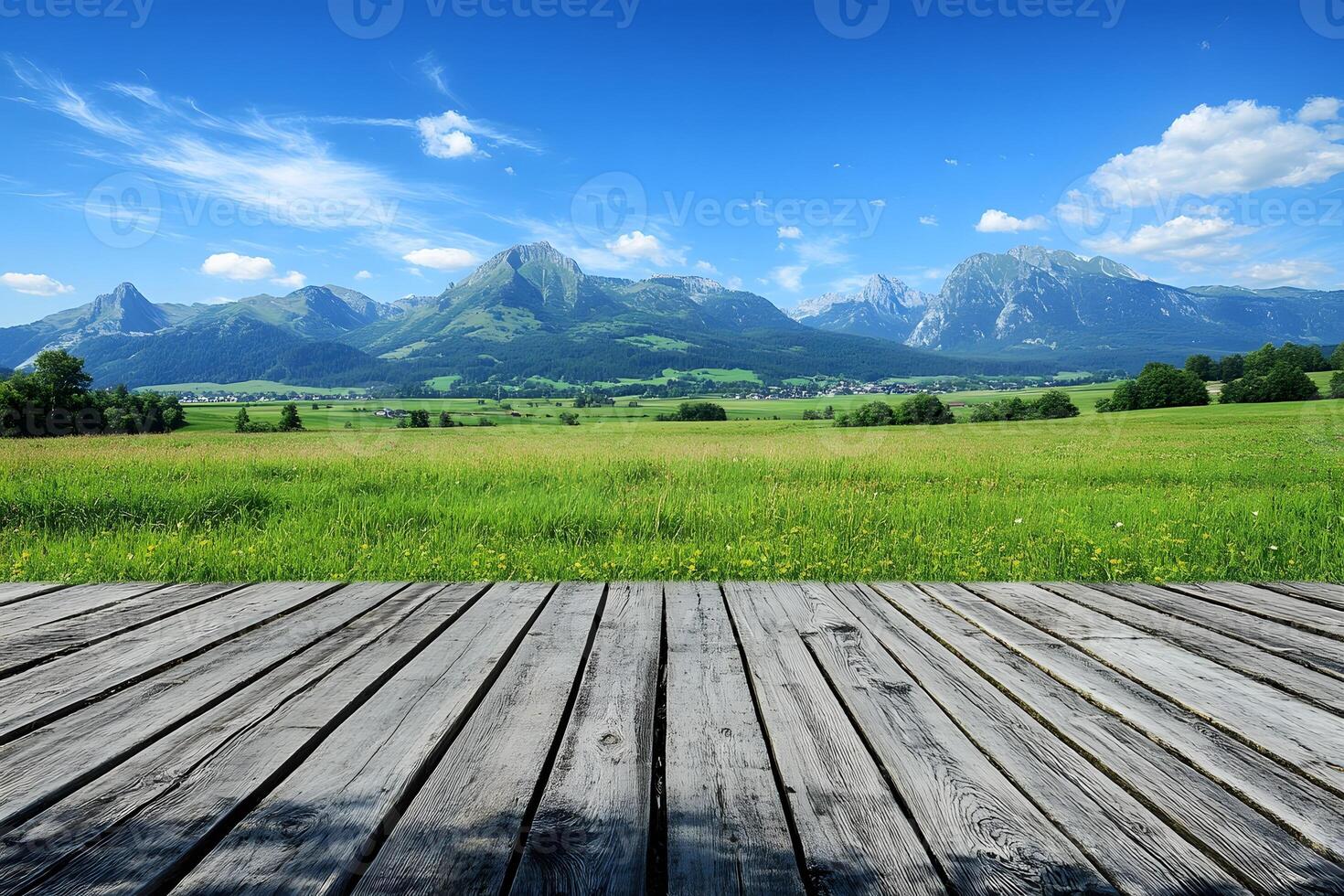 Wooden deck, mountain view, idyllic meadow, summer photo