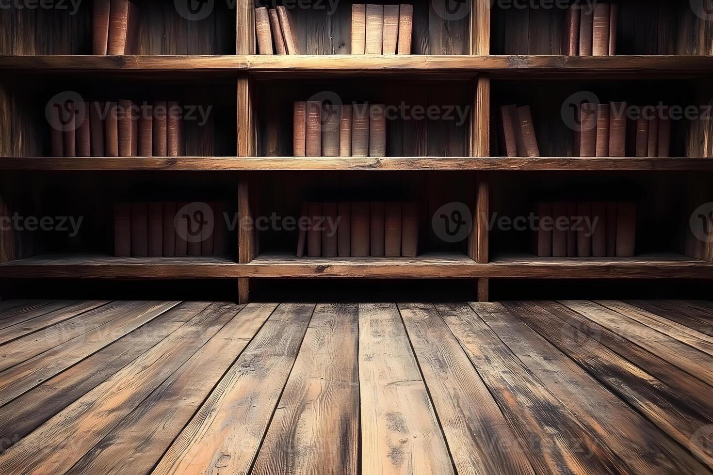 Wooden bookshelf, old books, library, floor, product display photo
