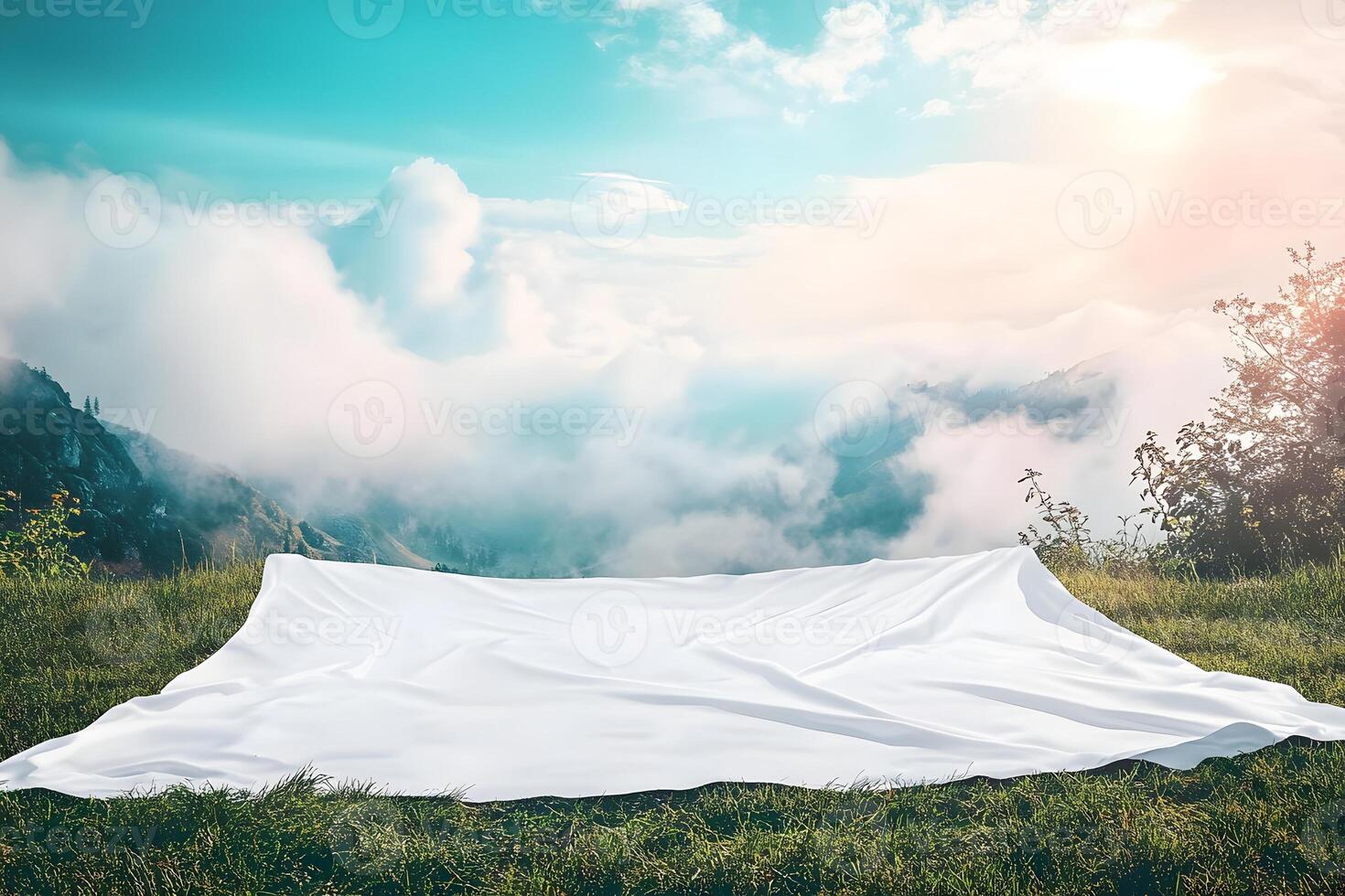 White cloth mockup, mountain landscape, sunrise, advertising photo