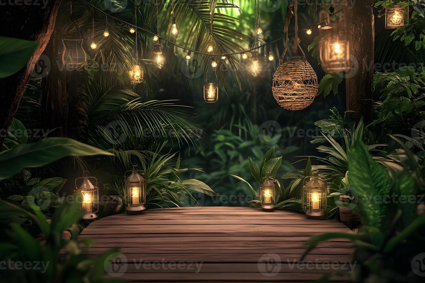 Tropical Night Scene Wooden Deck, Lanterns, Plants photo