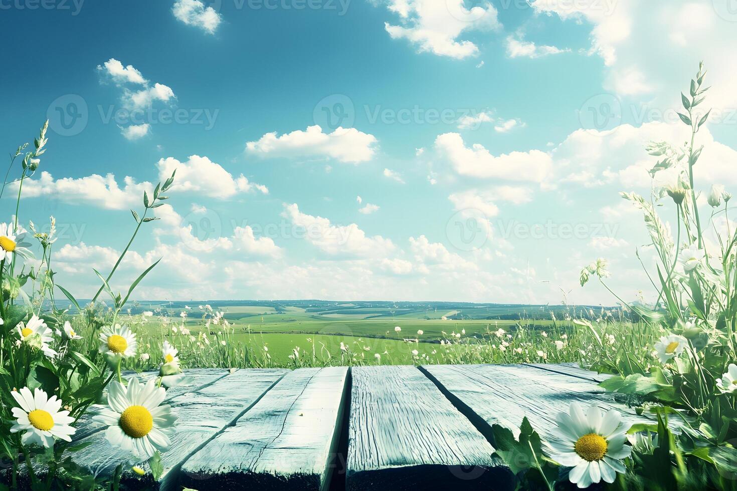 Sunny field, wooden table, daisies, landscape photo