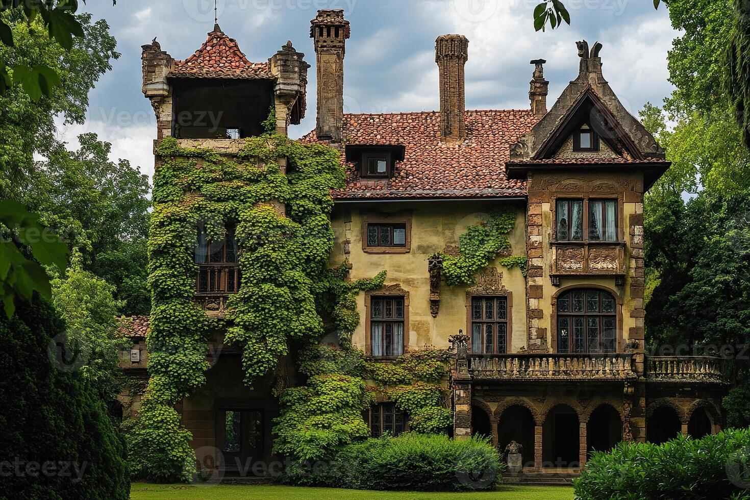 Ivy-covered mansion, garden, cloudy day, estate sale photo