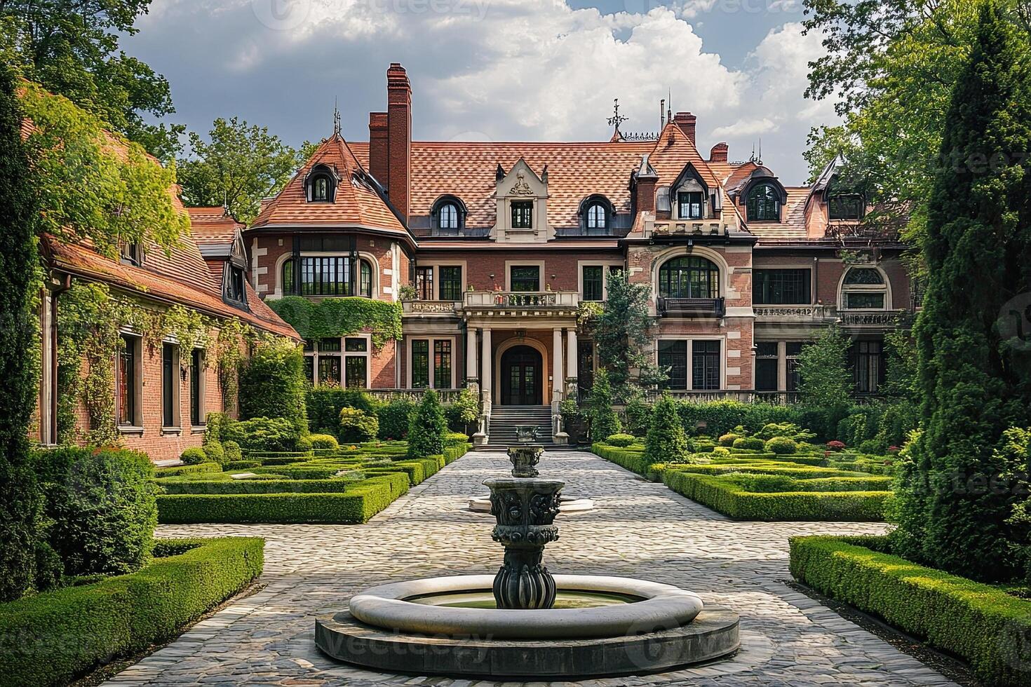 Mansion courtyard garden sunny day estate photo