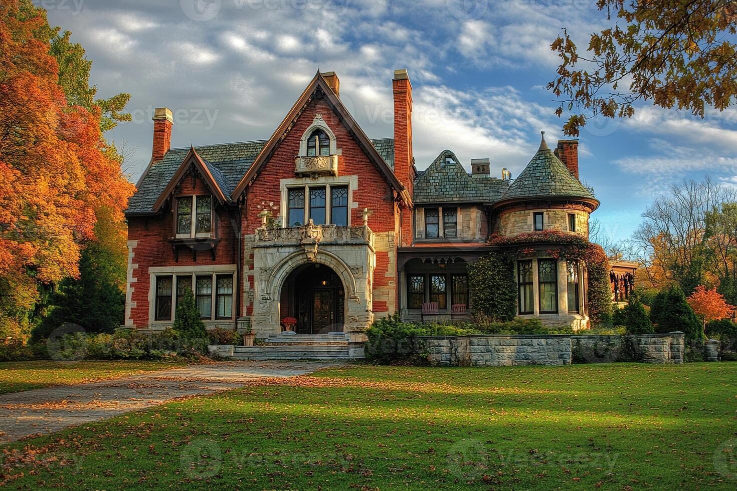 Autumnal mansion, landscaped grounds, fall foliage, luxury home, real estate photo