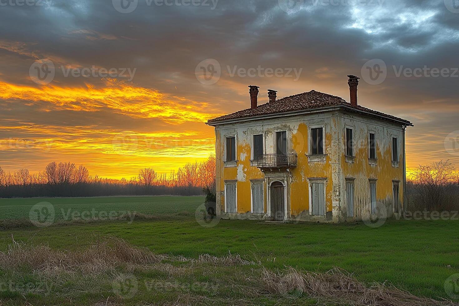 Sunset over abandoned Italian villa photo