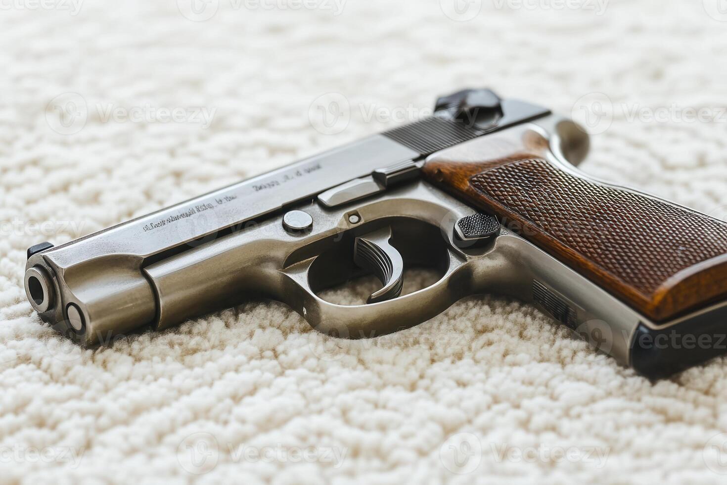 A metallic handgun with wooden grip on a textured surface. photo