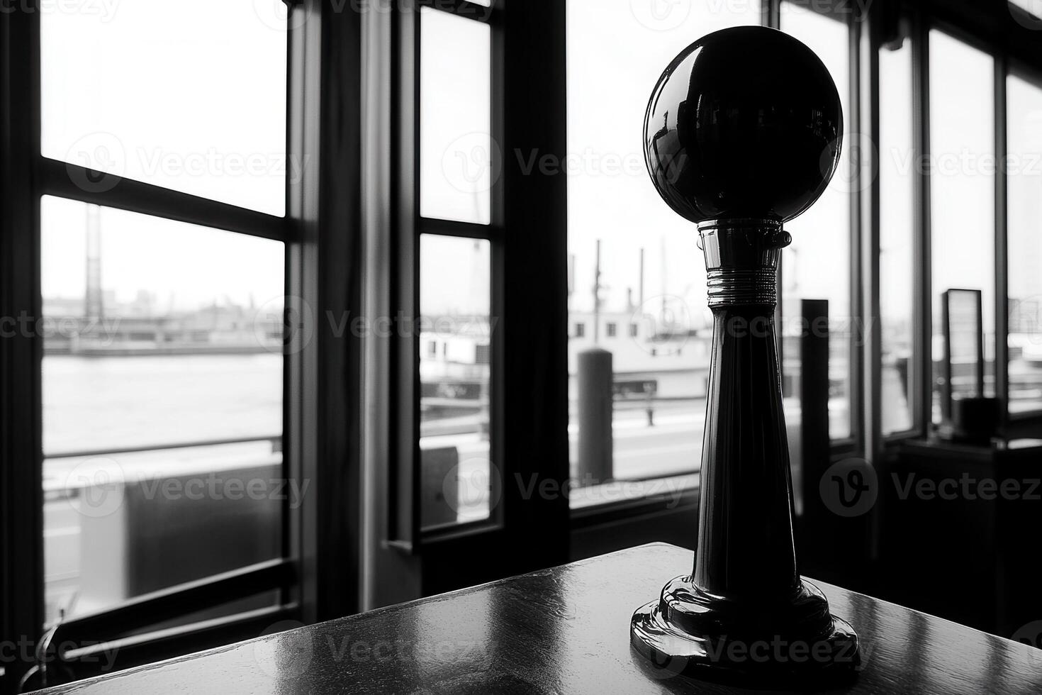 A black and white image of a nautical signal device indoors. photo