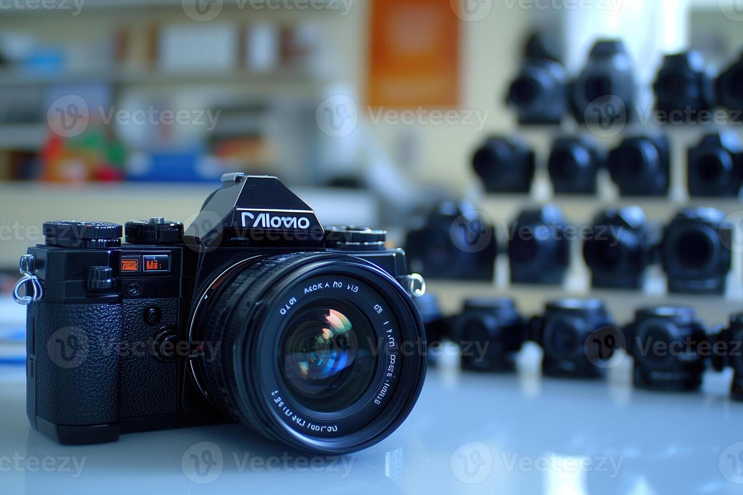 A camera on a table with various cameras in the background. photo