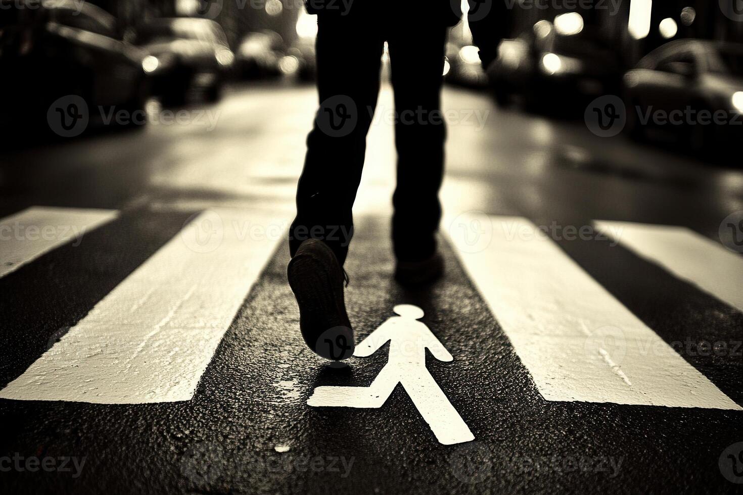 A pedestrian crossing a street marked with a symbol. photo