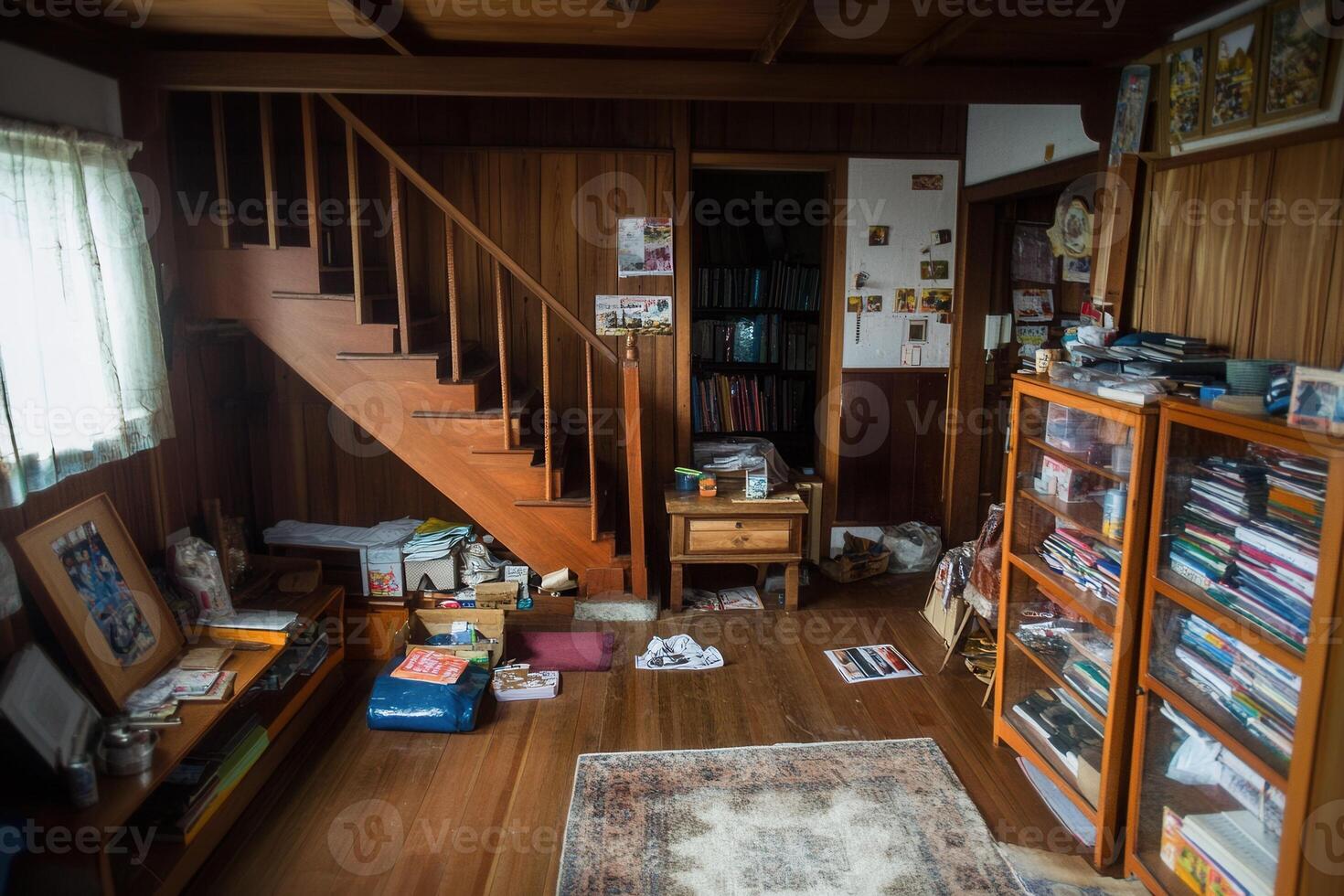 A cluttered room with a staircase and bookshelves. photo