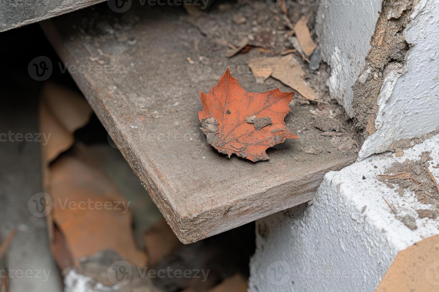 A dry, orange leaf resting on a wooden shelf. photo