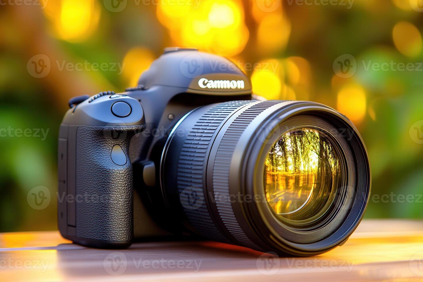 A DSLR camera resting on a table with a blurred background. photo