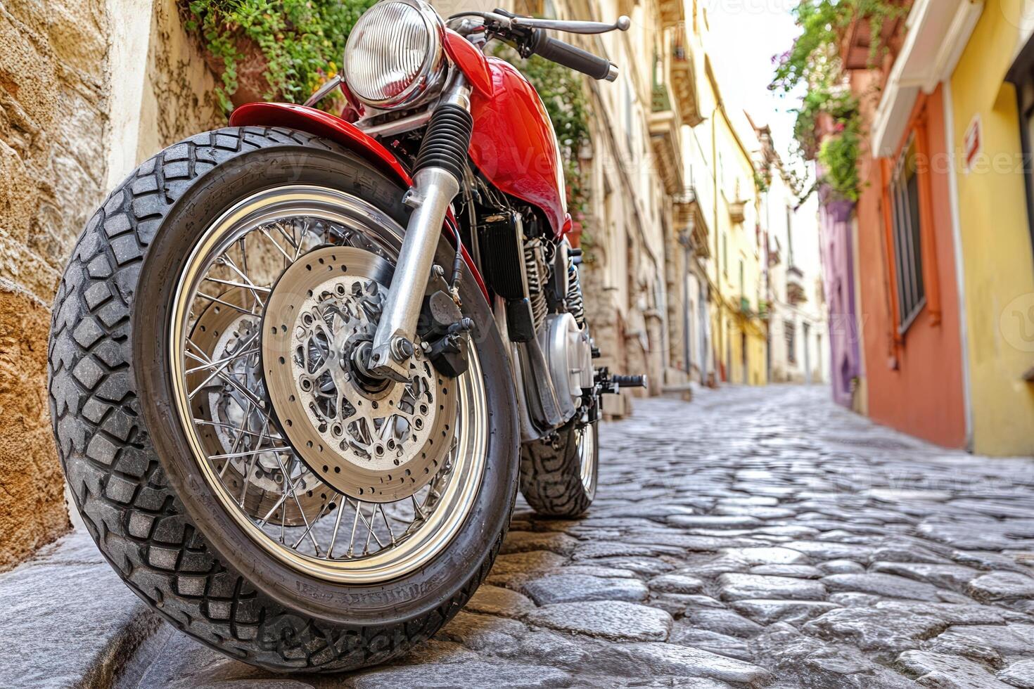 A red motorcycle parked on a cobblestone street. photo