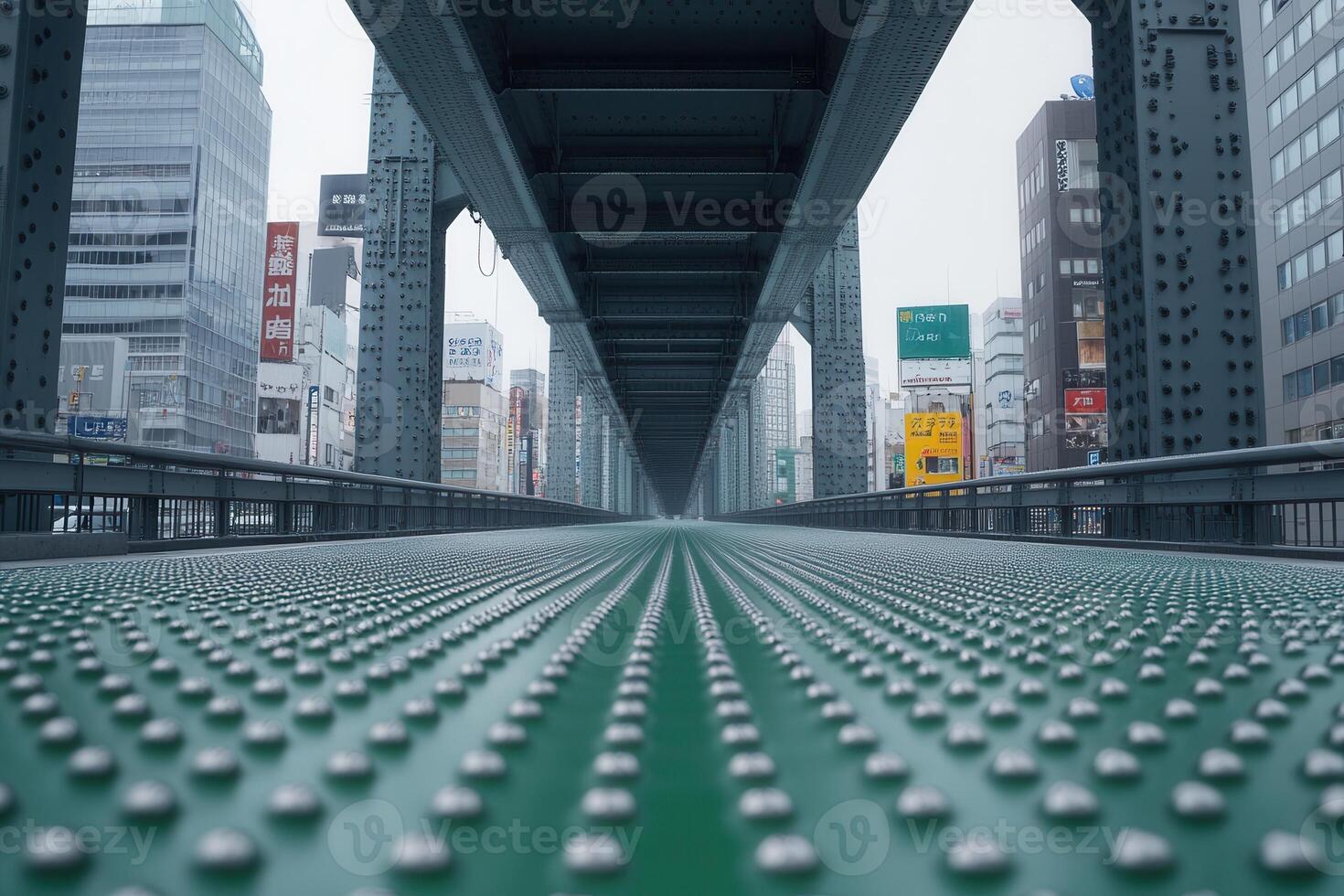 A perspective view of a bridge with urban surroundings. photo