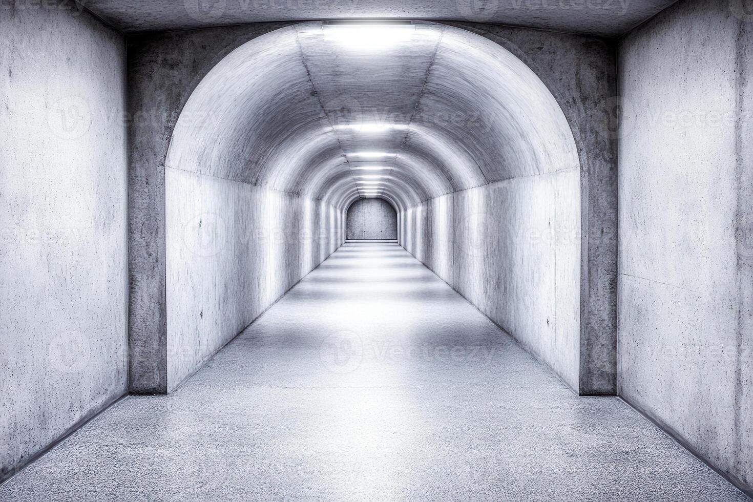 A long, illuminated concrete tunnel with a minimalist design. photo