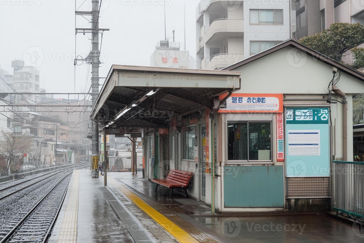 A quiet train station platform on a rainy day. photo