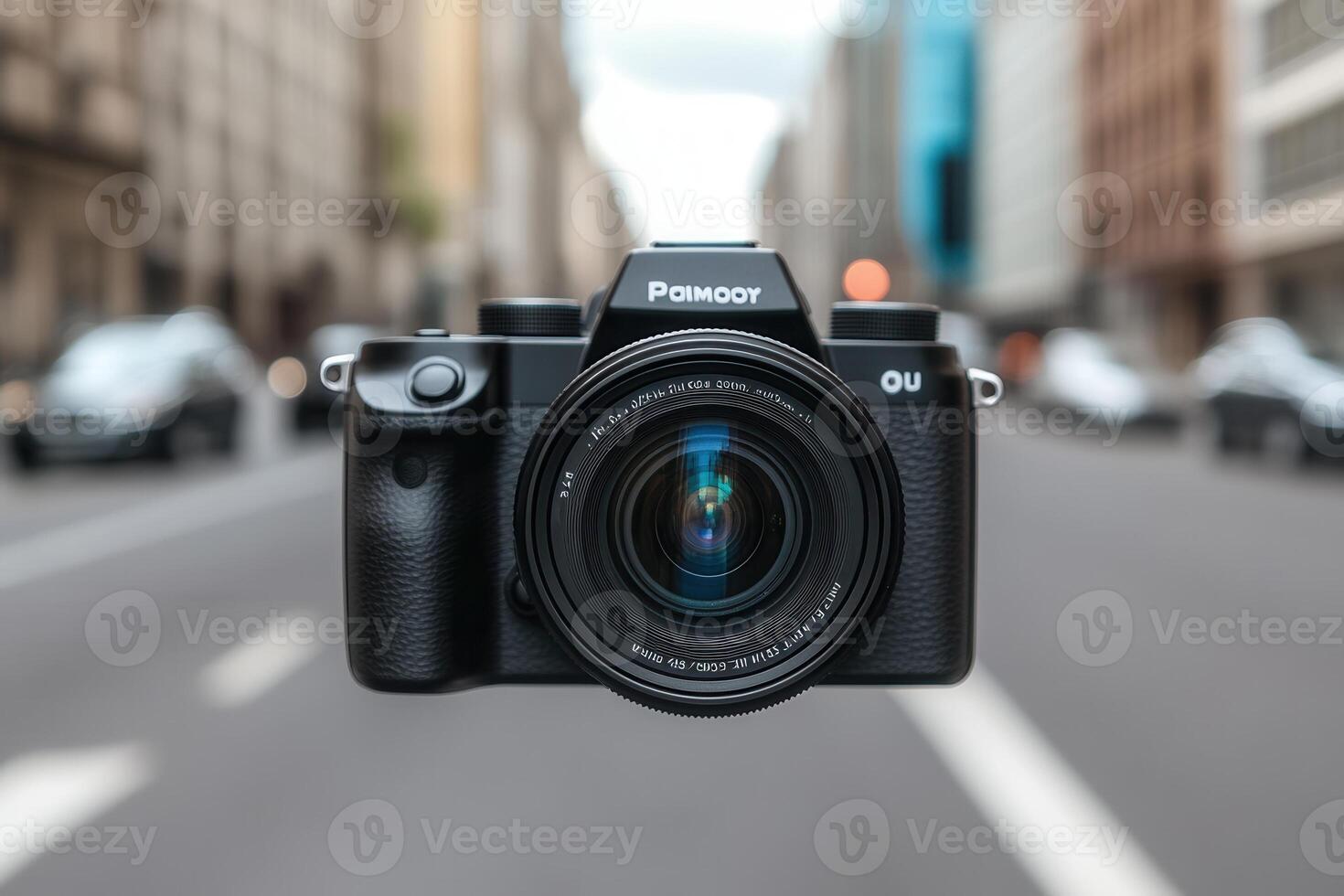 Camera positioned on a city street, showcasing urban life. photo