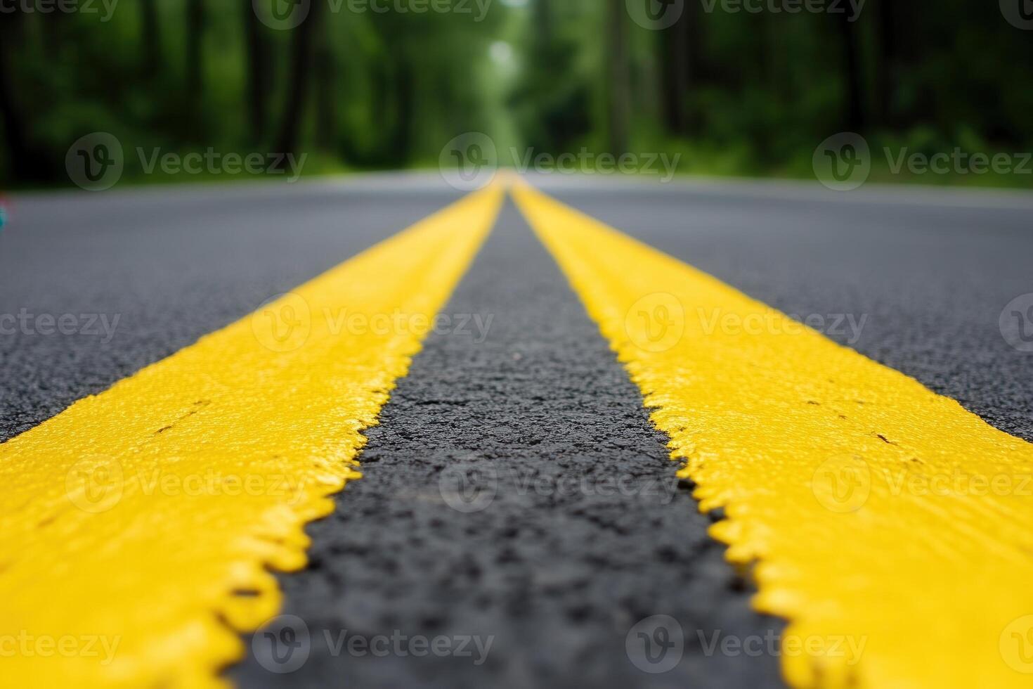 Close-up of a yellow striped road in a green forest. photo