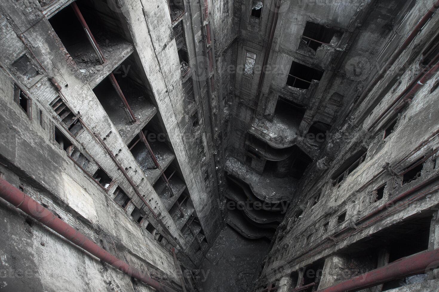 Abandoned elevator shaft in a decaying building. photo