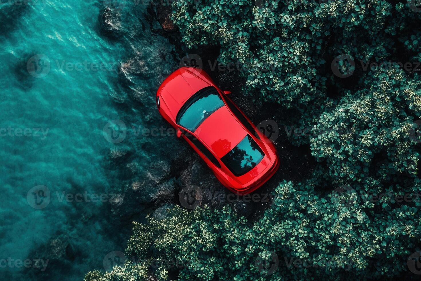 Aerial view of a red car near a turquoise water body. photo