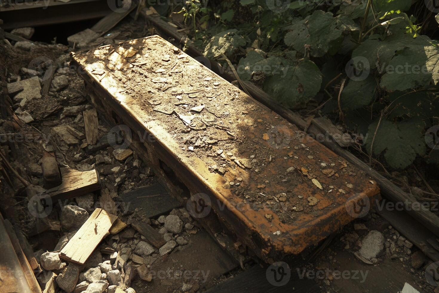 A weathered, dusty wooden surface in an overgrown area. photo