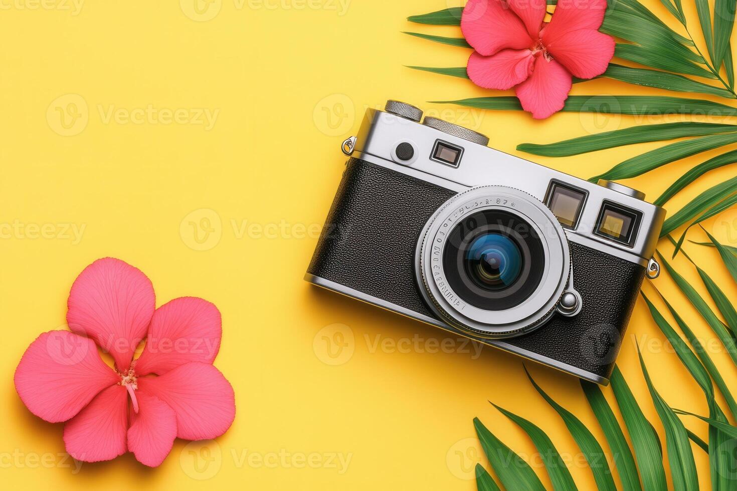Camera surrounded by tropical flowers and leaves. photo