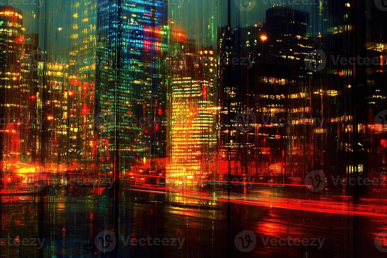 Abstract cityscape with vibrant lights and reflections. photo