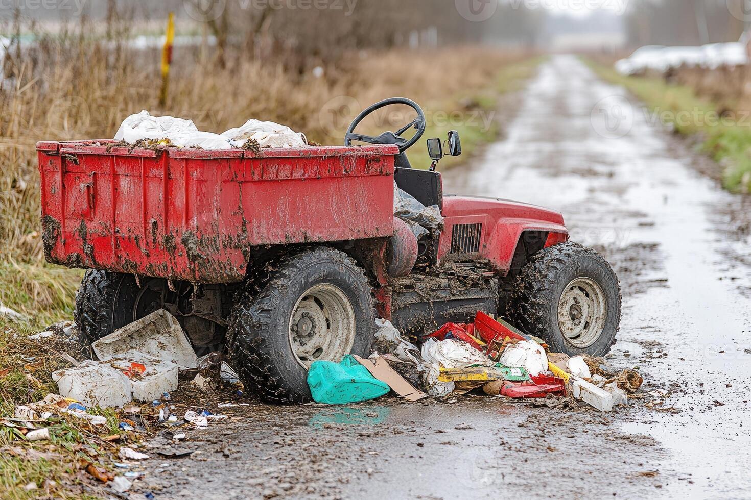 Abandoned red tractor surrounded by scattered garbage. photo
