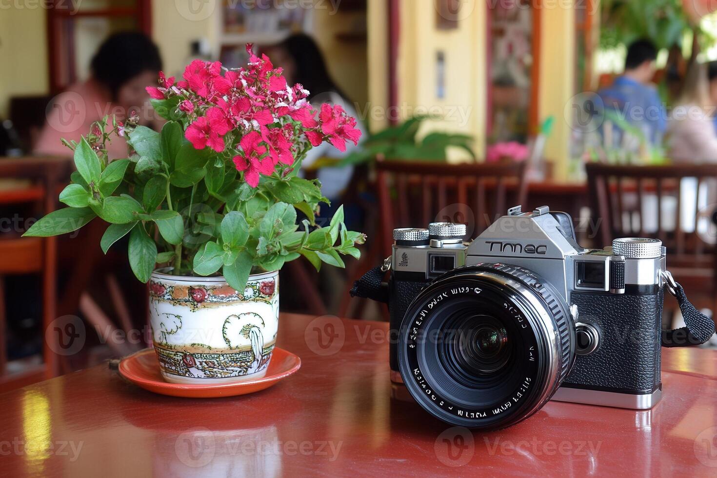 A camera and a flower pot on a table photo