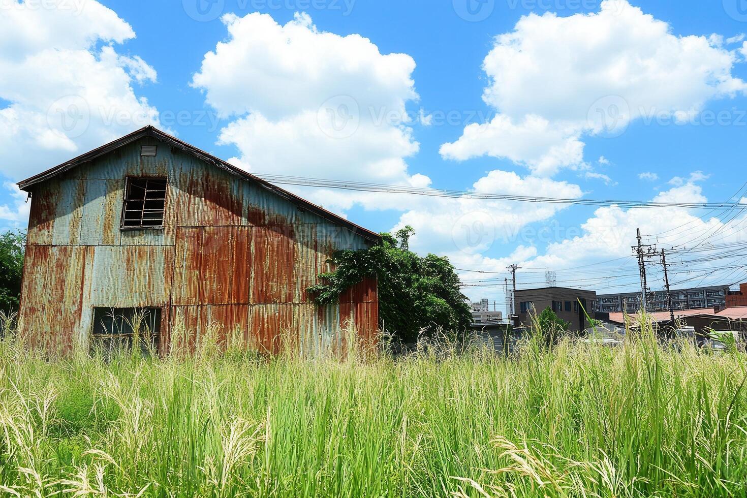 Abandoned building surrounded by tall grass and blue sky. photo