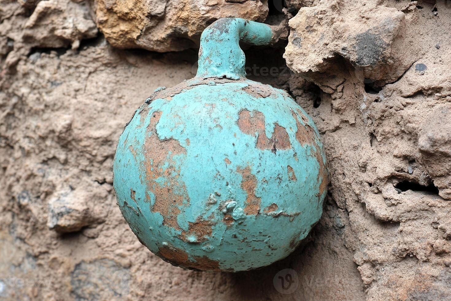 A weathered turquoise spherical object on a wall. photo