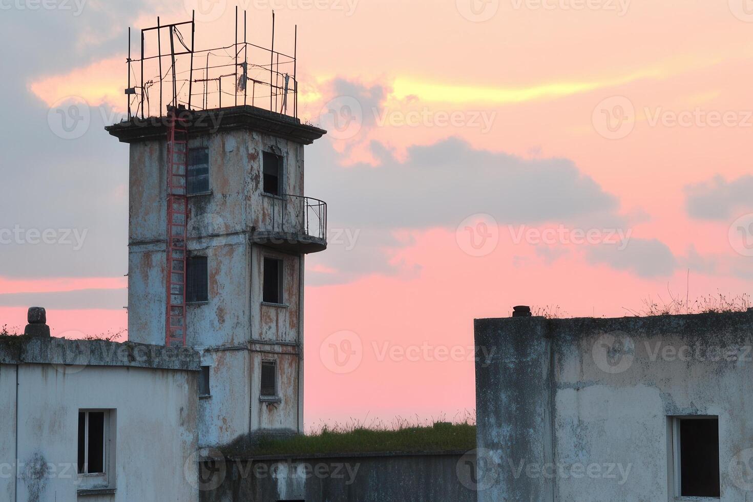 Abandoned tower at sunset with scaffolding. photo