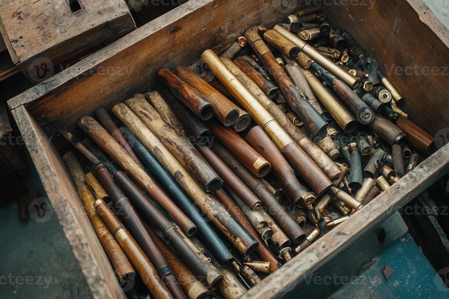 A wooden box filled with various pipes and tubes. photo