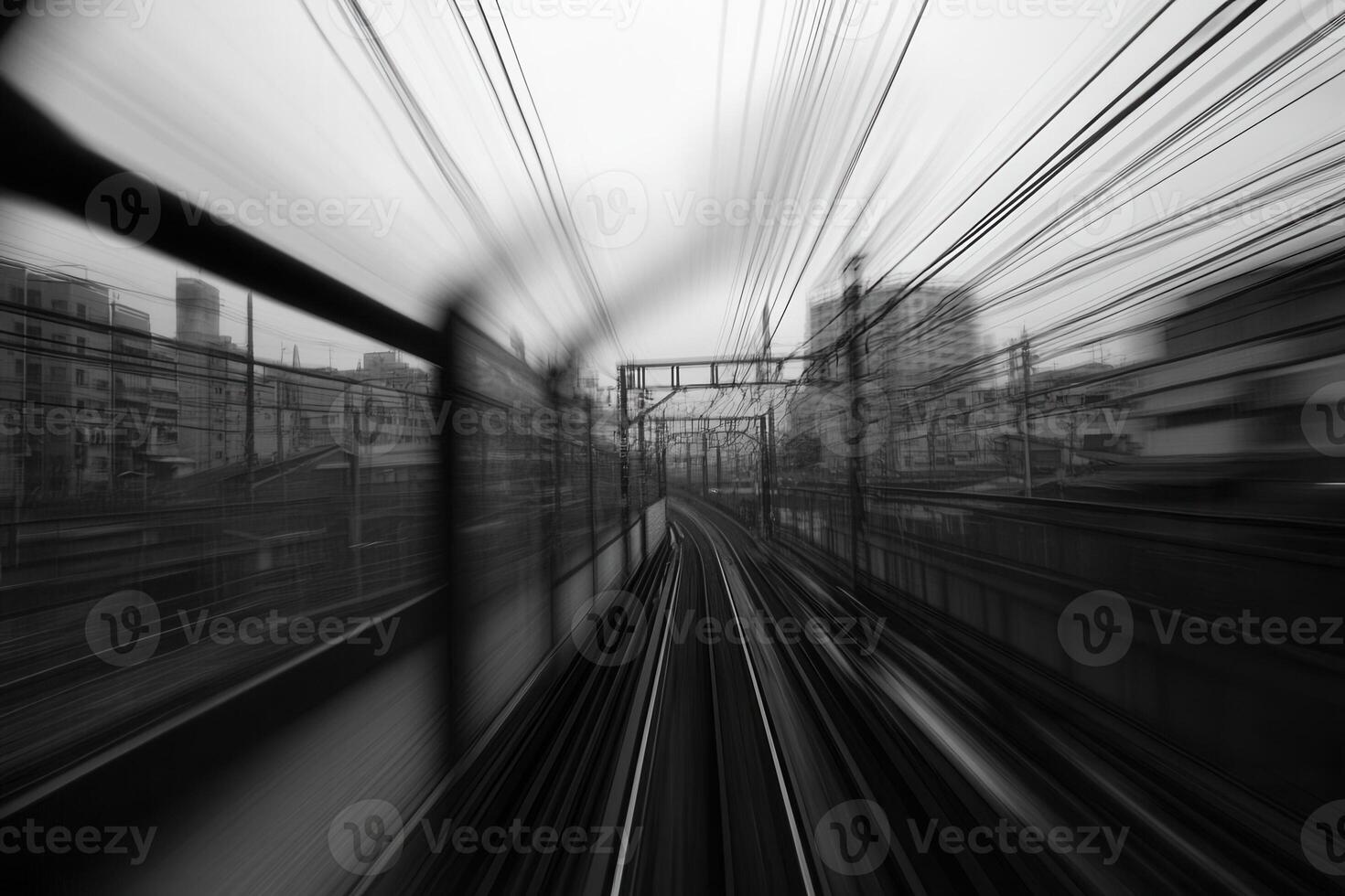 Blurred view from a moving train on a cityscape. photo