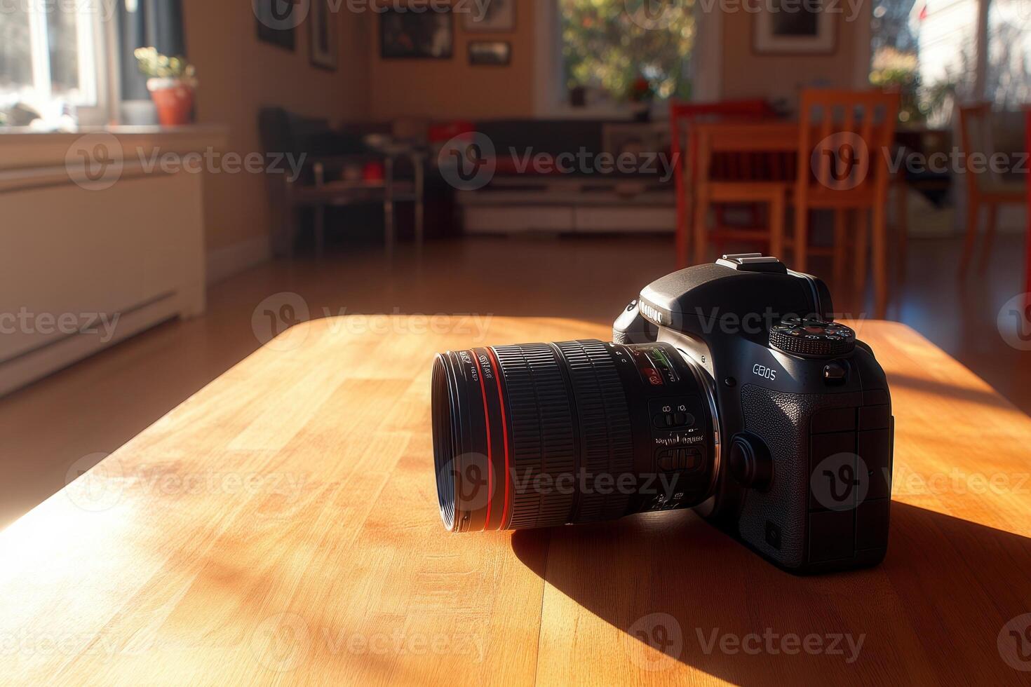 Camera on a wooden table with a cozy background. photo