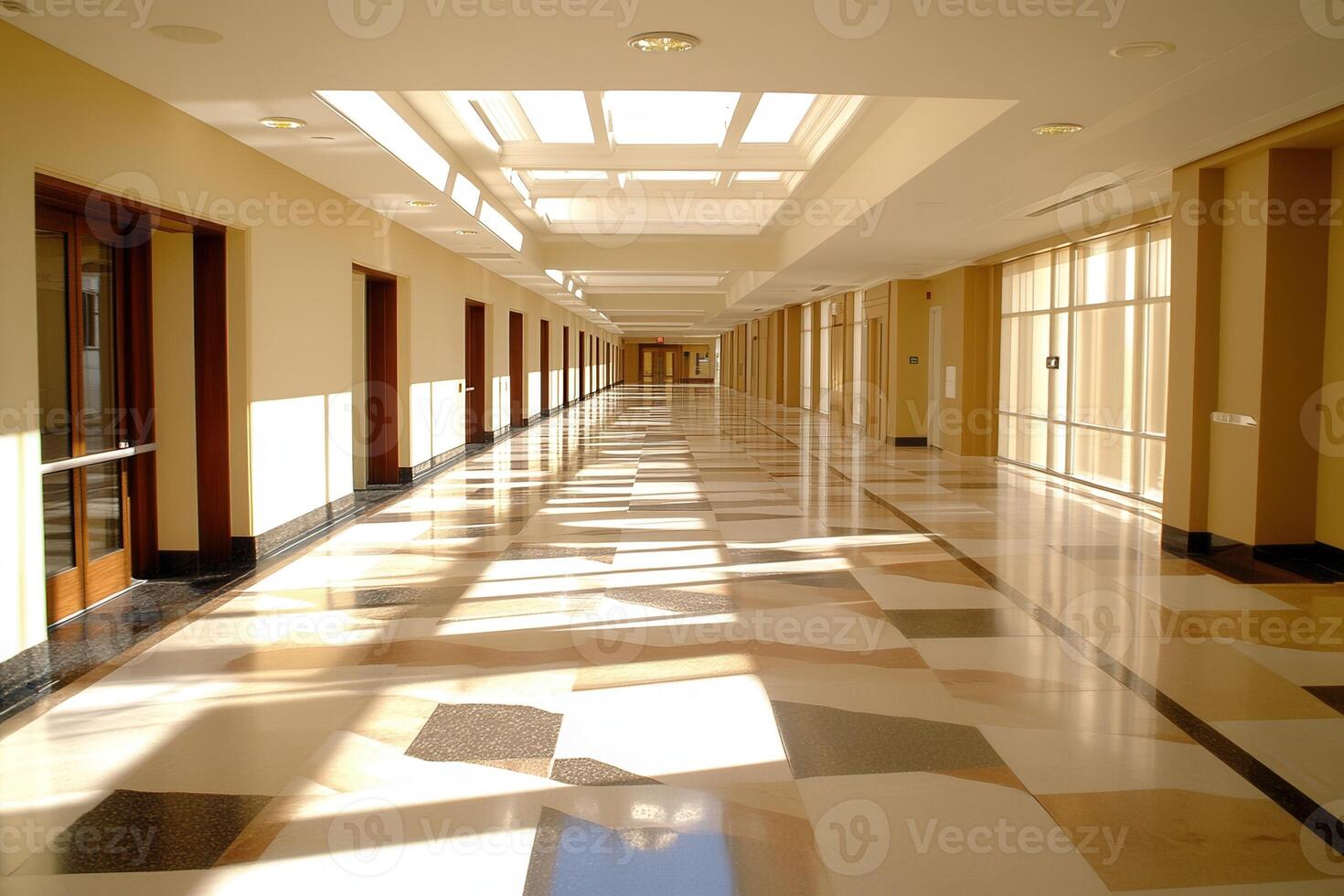 Bright corridor with polished floors and natural light. photo