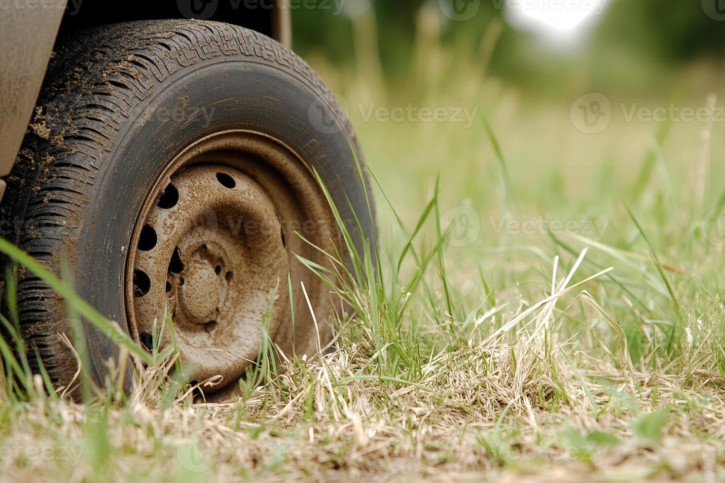 Close-up of a flat tire on a grassy field. photo
