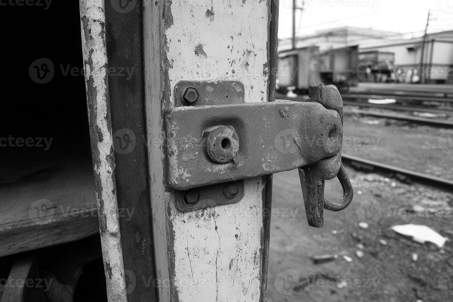 Close-up of a weathered lock on a train door. photo