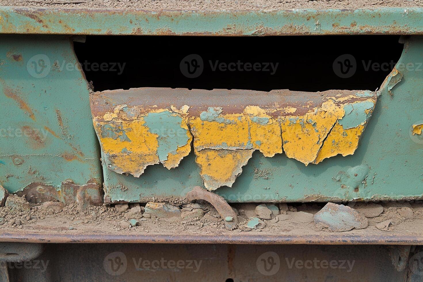 Close-up of peeling paint on a rusty metal surface. photo