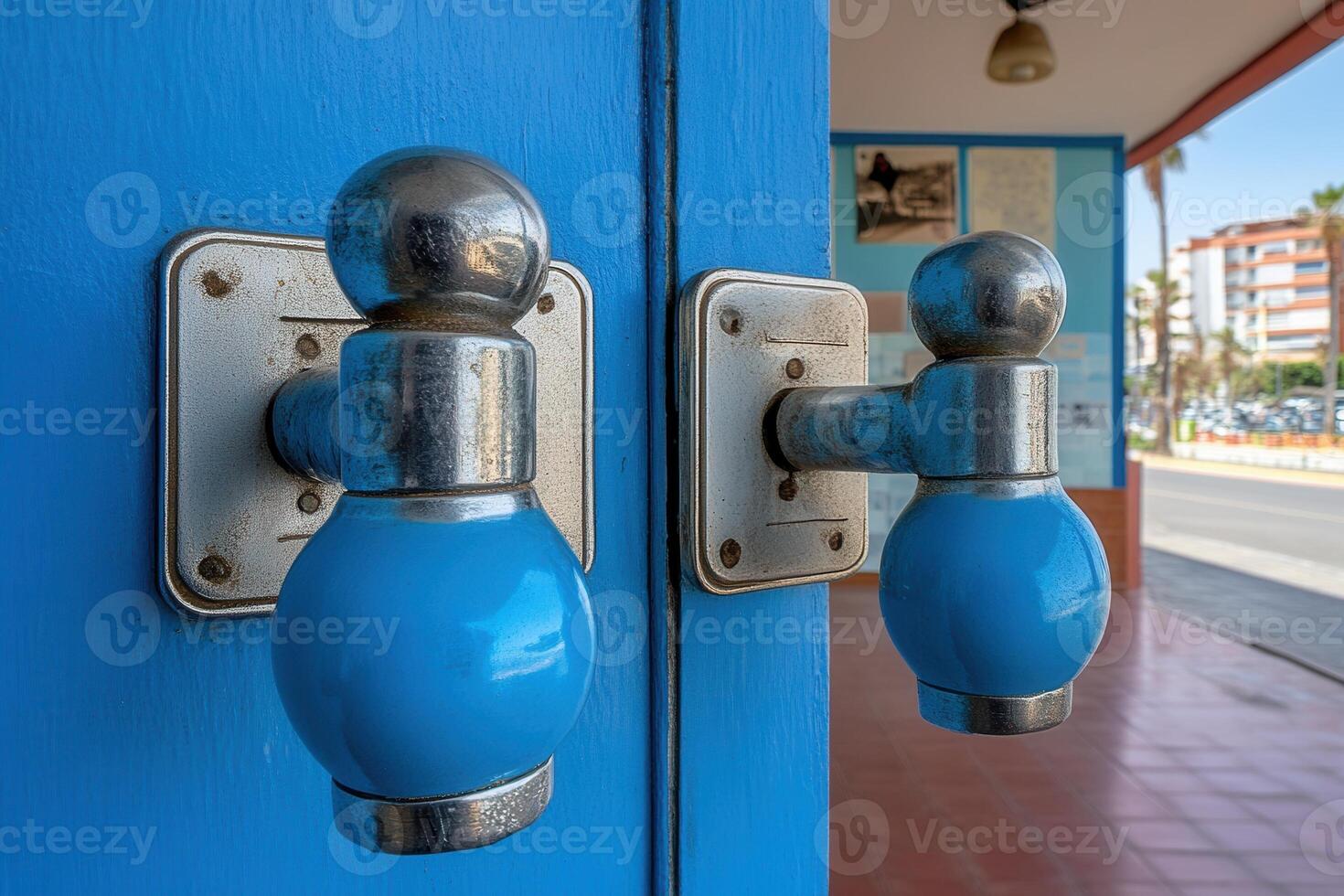 Close-up of blue door knobs on a vibrant blue door. photo