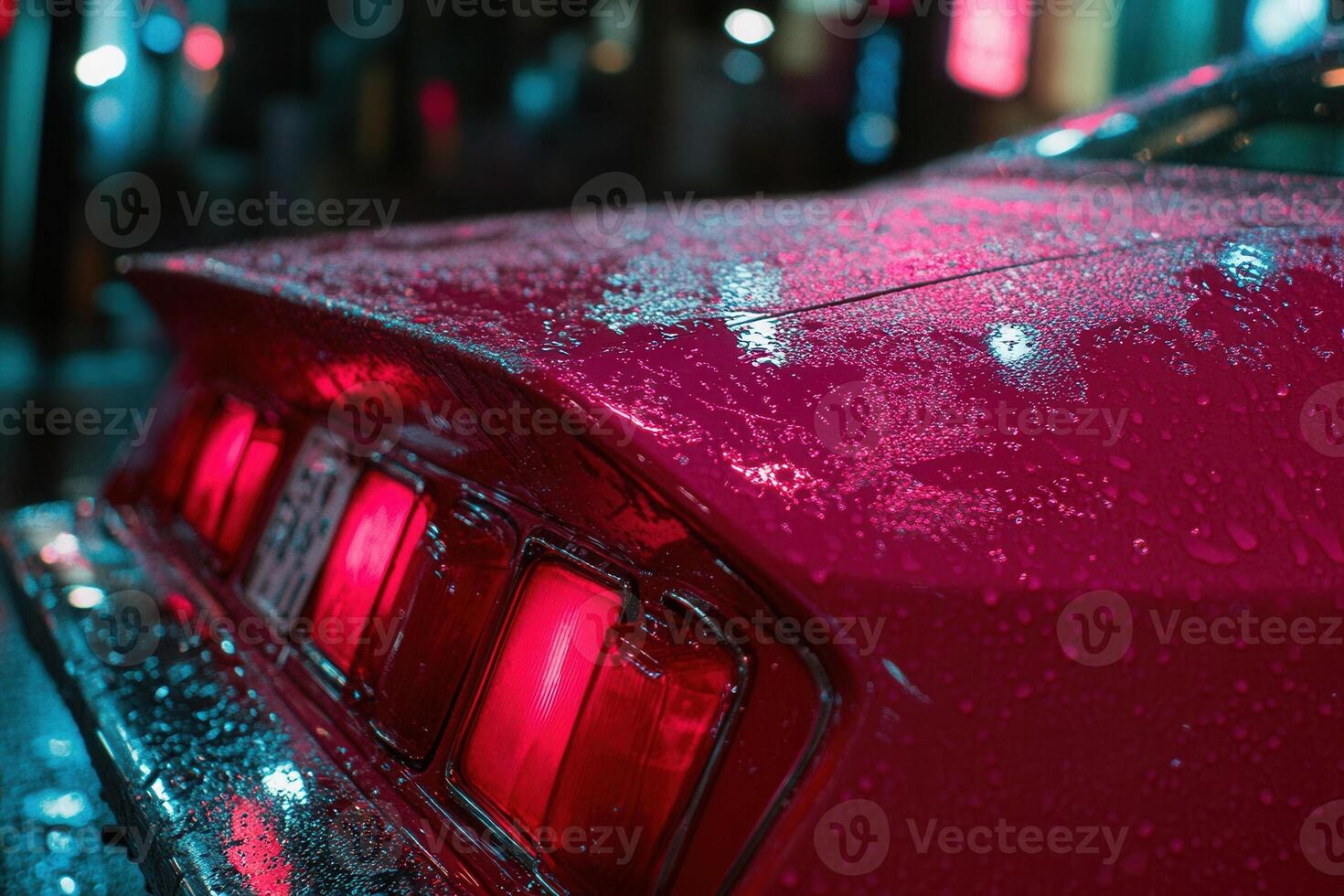 Close-up of a wet car tail light at night. photo