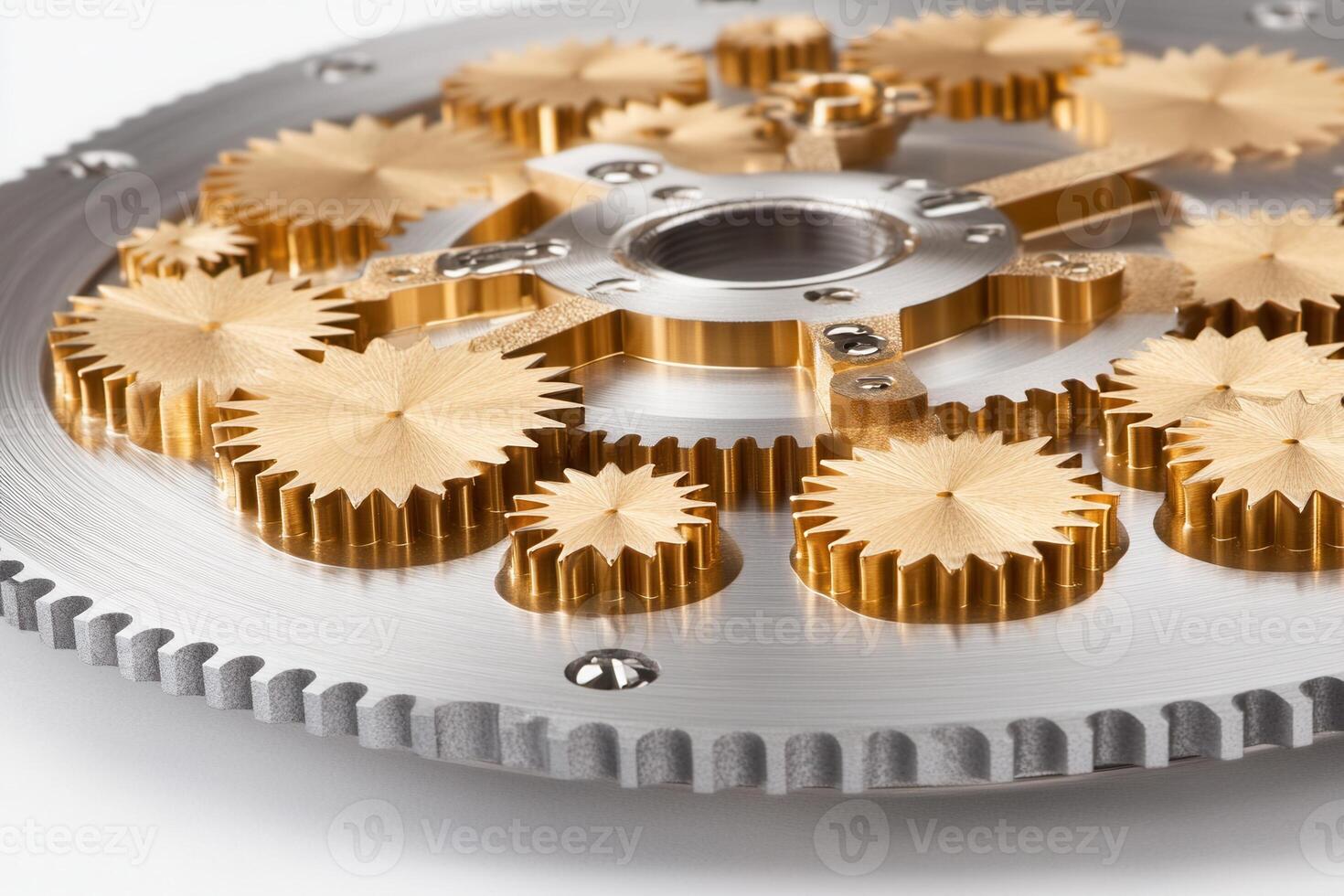 Close-up of intricate mechanical gears and components. photo