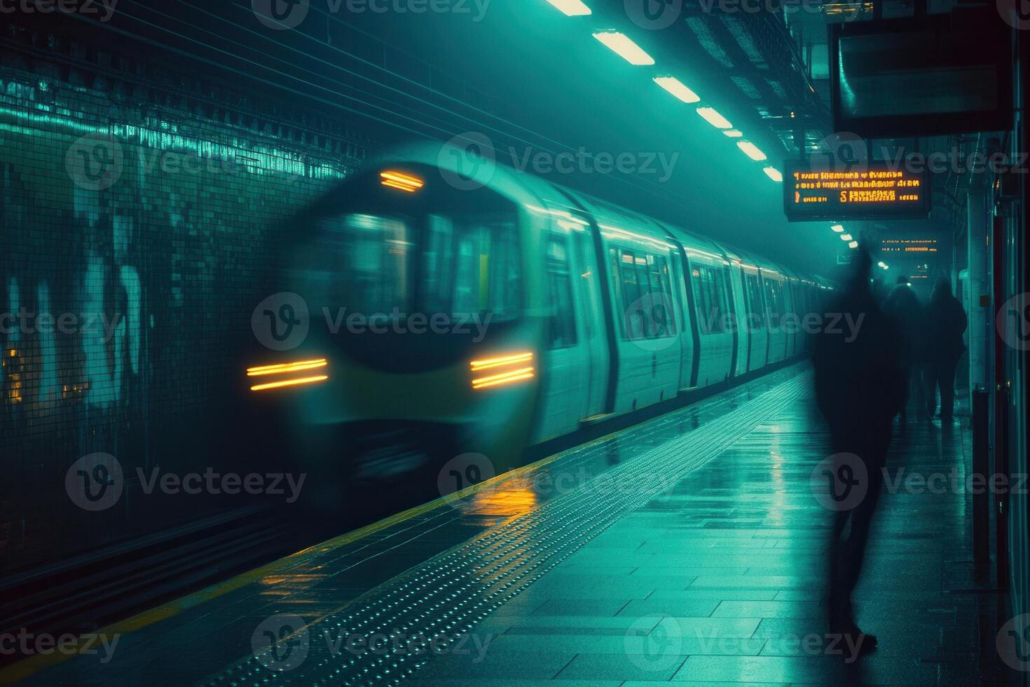 A train in motion at a dimly lit subway station. photo