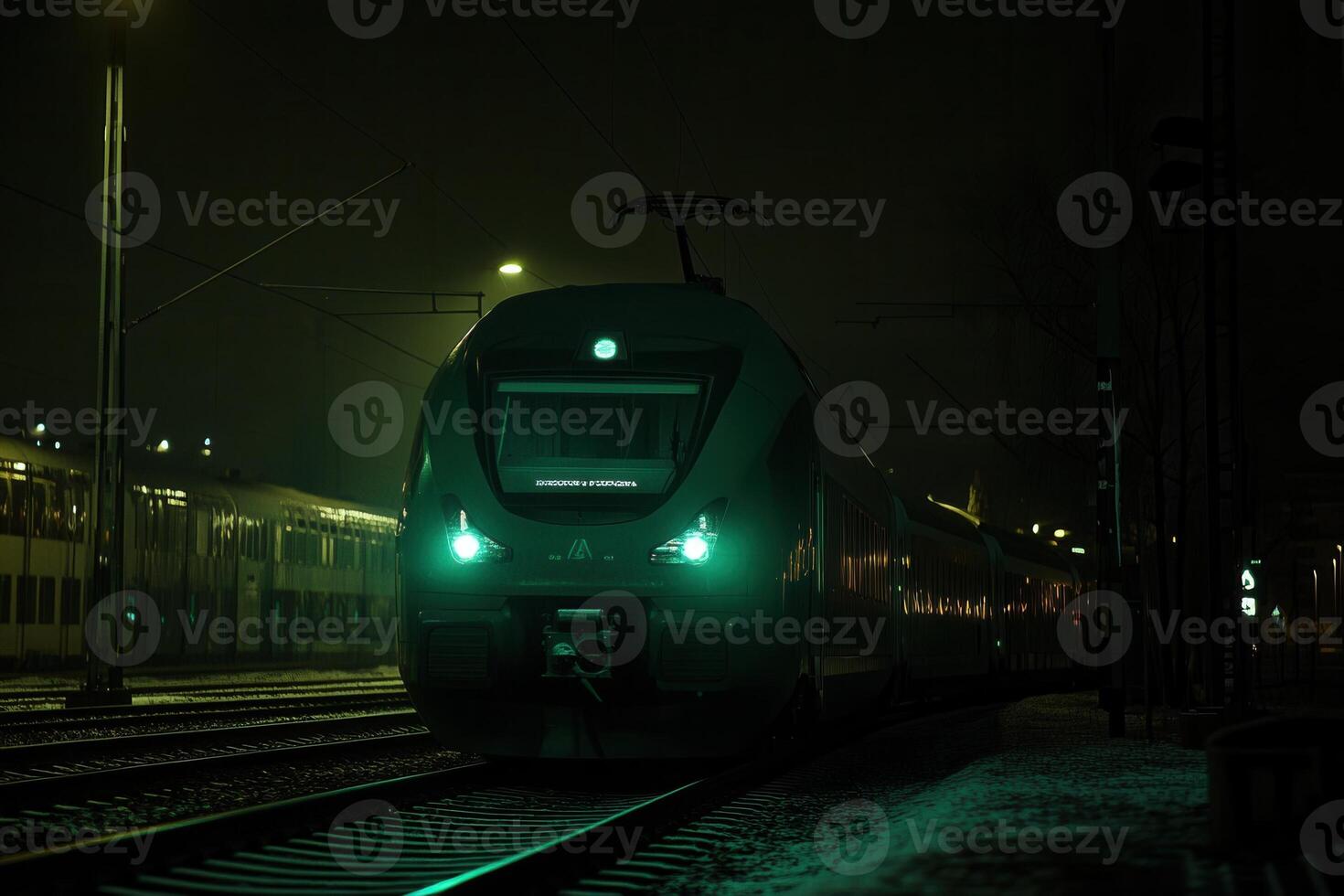 Nighttime train at a dimly lit railway station. photo