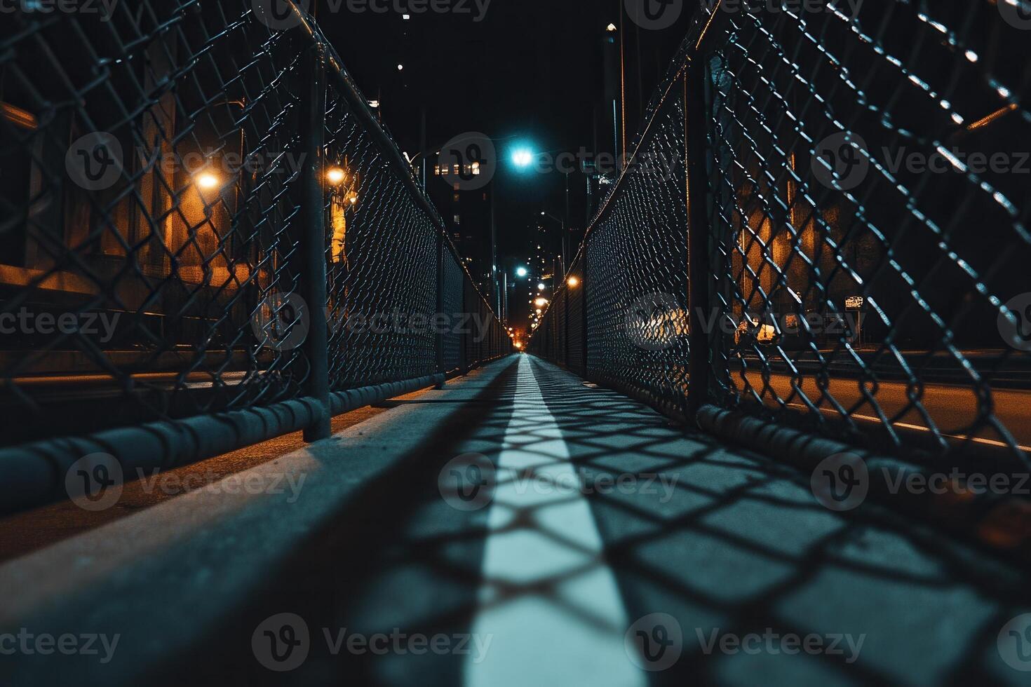 Nighttime urban scene with a fenced walkway and shadows. photo