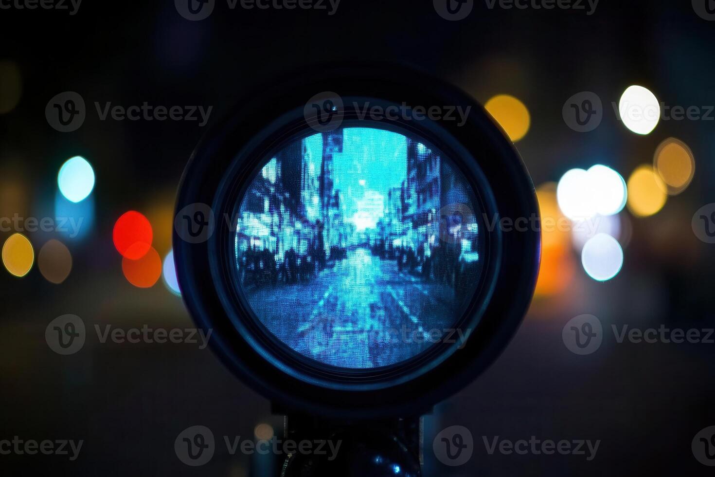 Nighttime cityscape reflected in a lens. photo