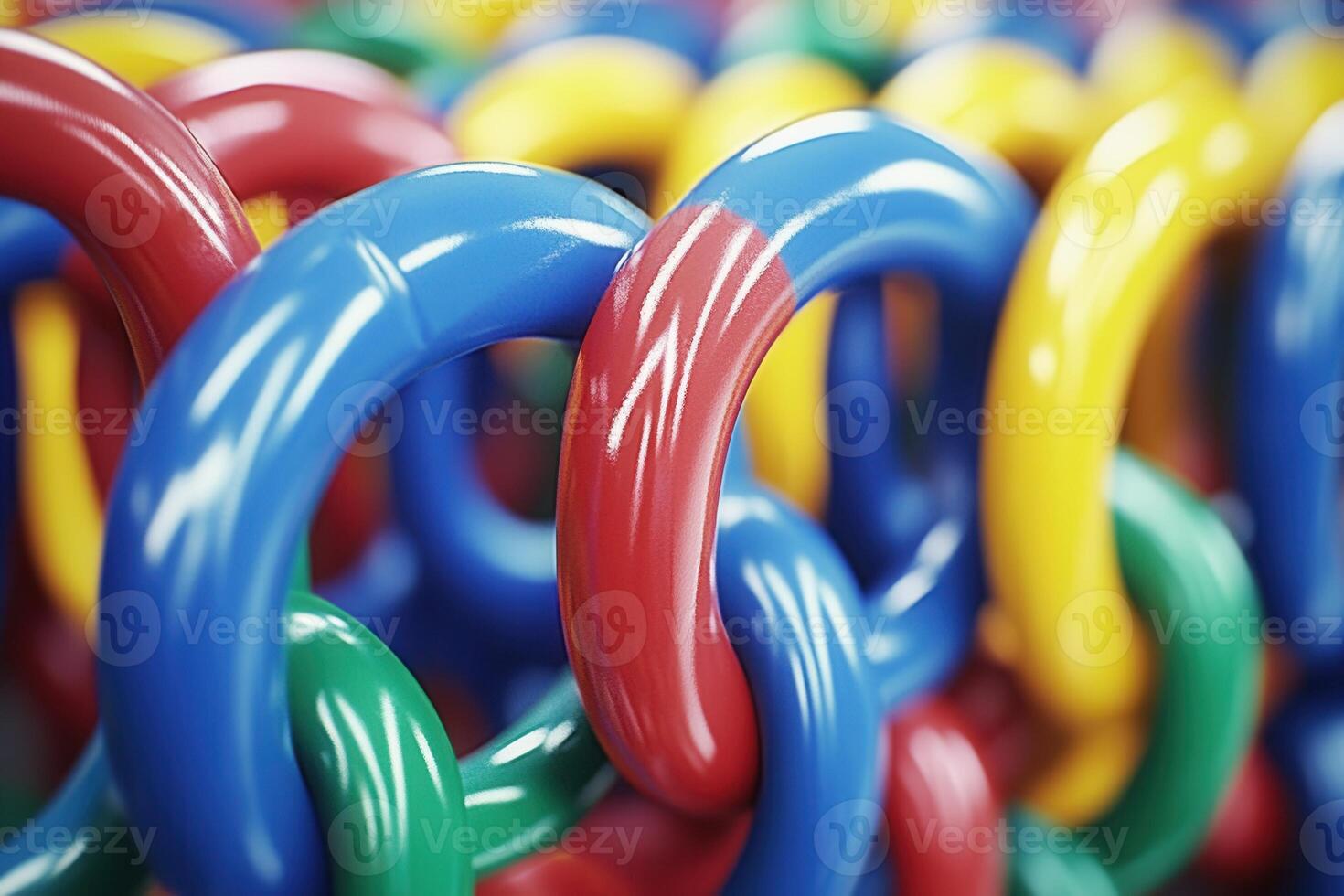 Colorful interlinked plastic chains in a playful arrangement. photo