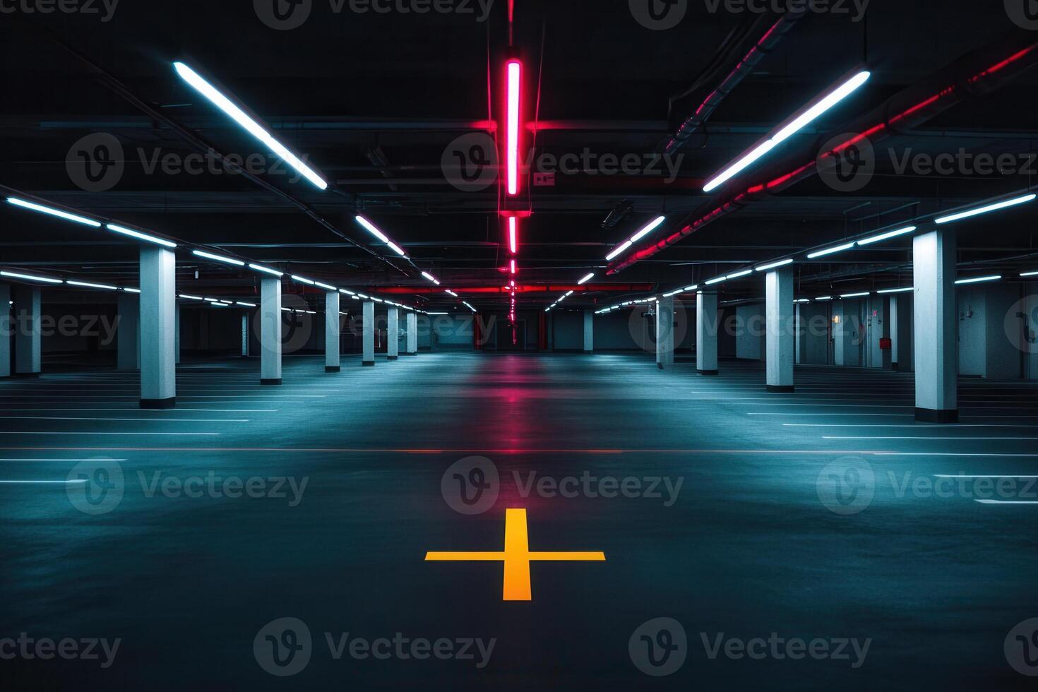 Dimly lit parking garage with colorful neon lights. photo